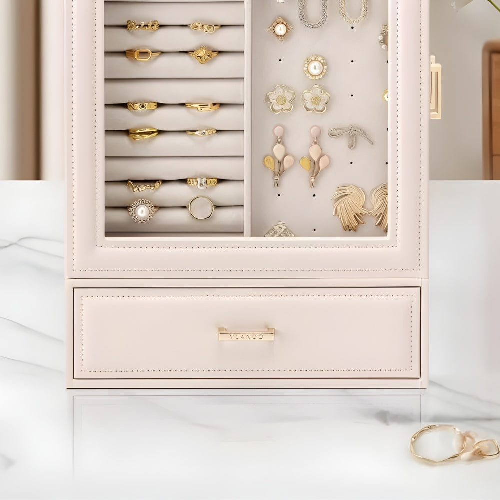 Boîte à Bijoux En Cuir Rose et Tiroirs - intérieur et compartiments