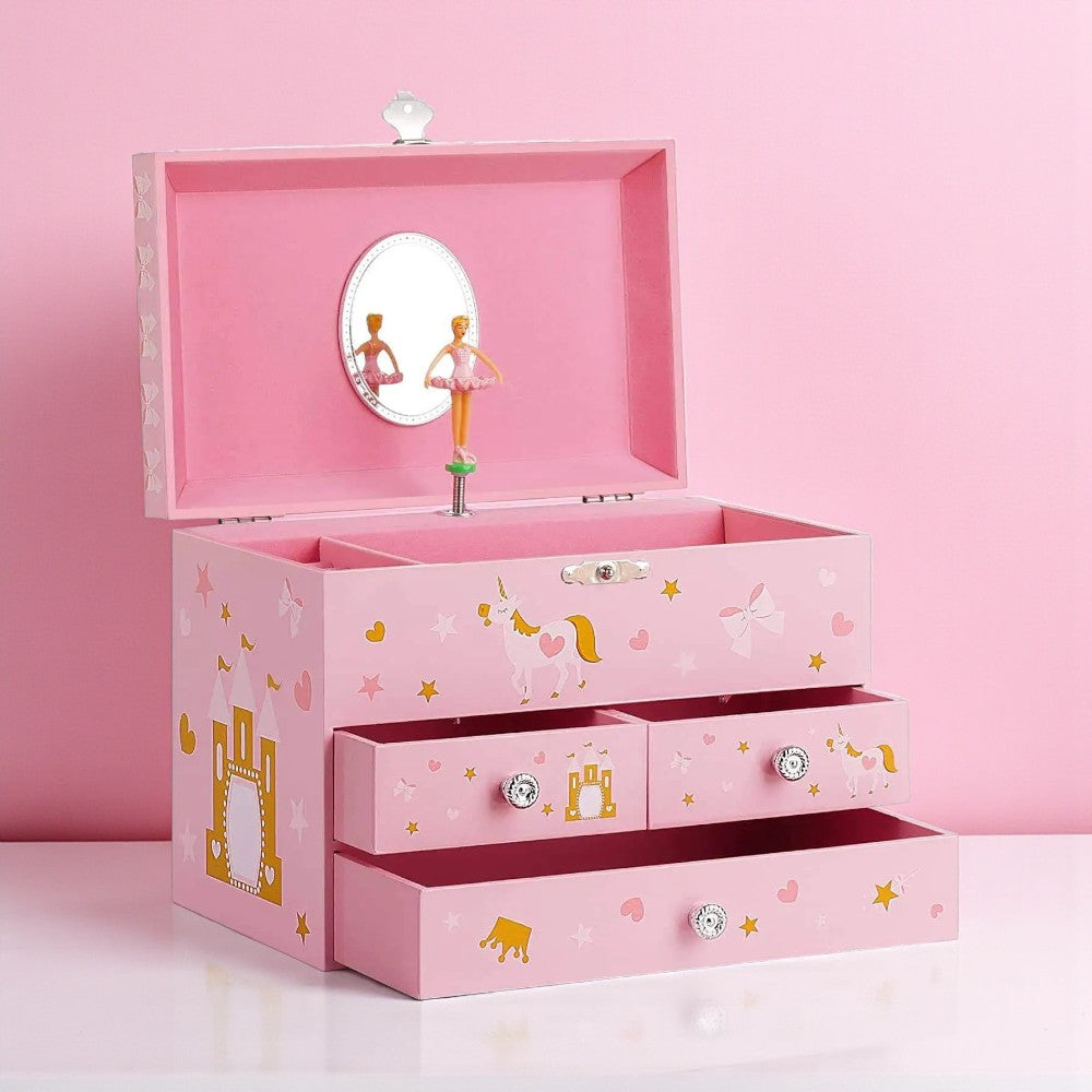 Boîte à Bijoux Musicale Rose Avec Tiroirs - vue ouverte