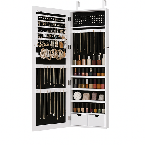 Armoire à Bijoux Blanche avec Miroir Et LED Intégrées - vue principale fermée