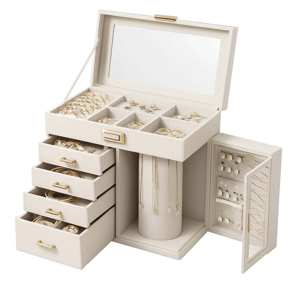 Grande Boîte À Bijoux En Cuir Beige et à Tiroirs
