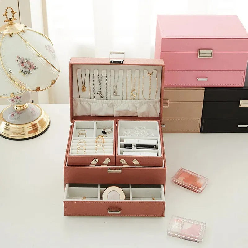 Boîte à Bijoux Multi-Rangements En Cuir Véritable - vue de dessus
