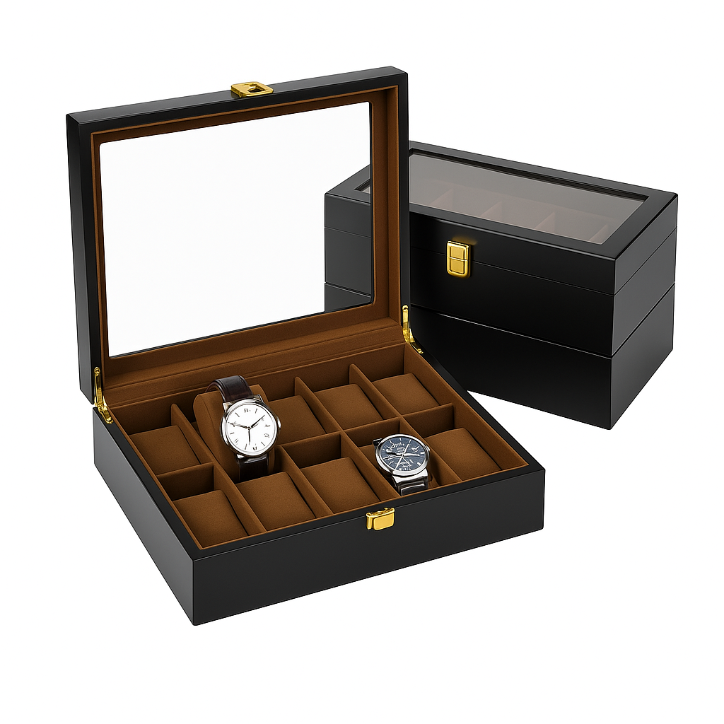 Boîte À Montres 10 Compartiments Avec Vitre Transparente