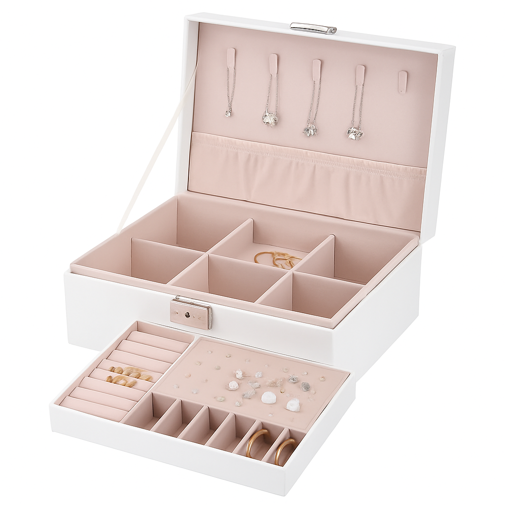 White Leather Jewelry Box with Pink Interior